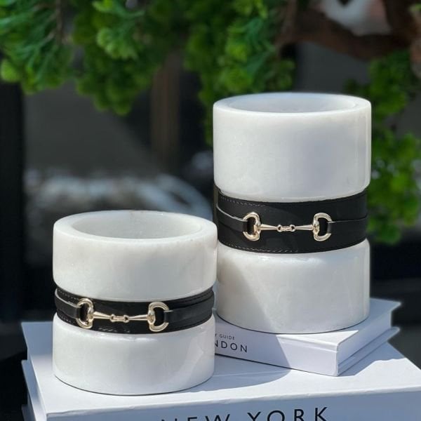 Beyaz Mermer 2li Deri Bantlı Vazo