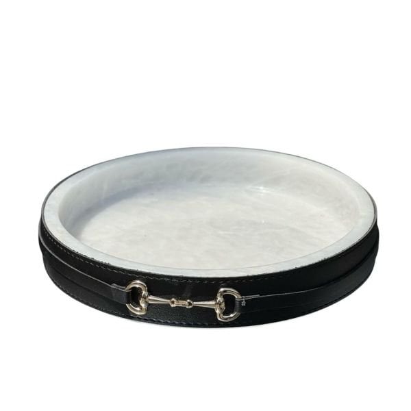 Beyaz Mermer Deri Bantlı Tepsi  23 cm