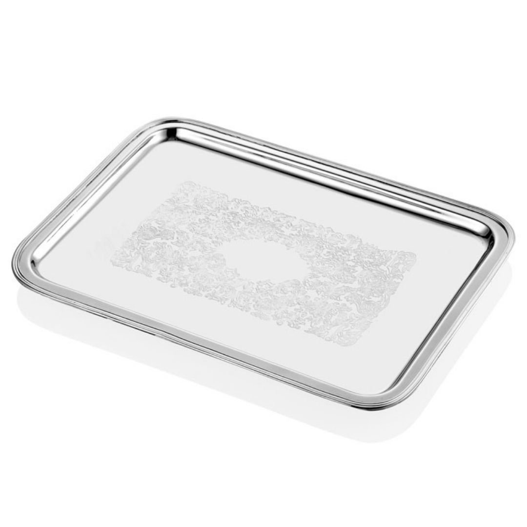 Engrave Border Gümüş Dikdörtgen Tepsi 38x26x2 cm