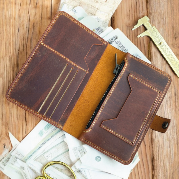 ZipSnap | Deri Çıtçıtlı Organizer Cüzdan - Camel