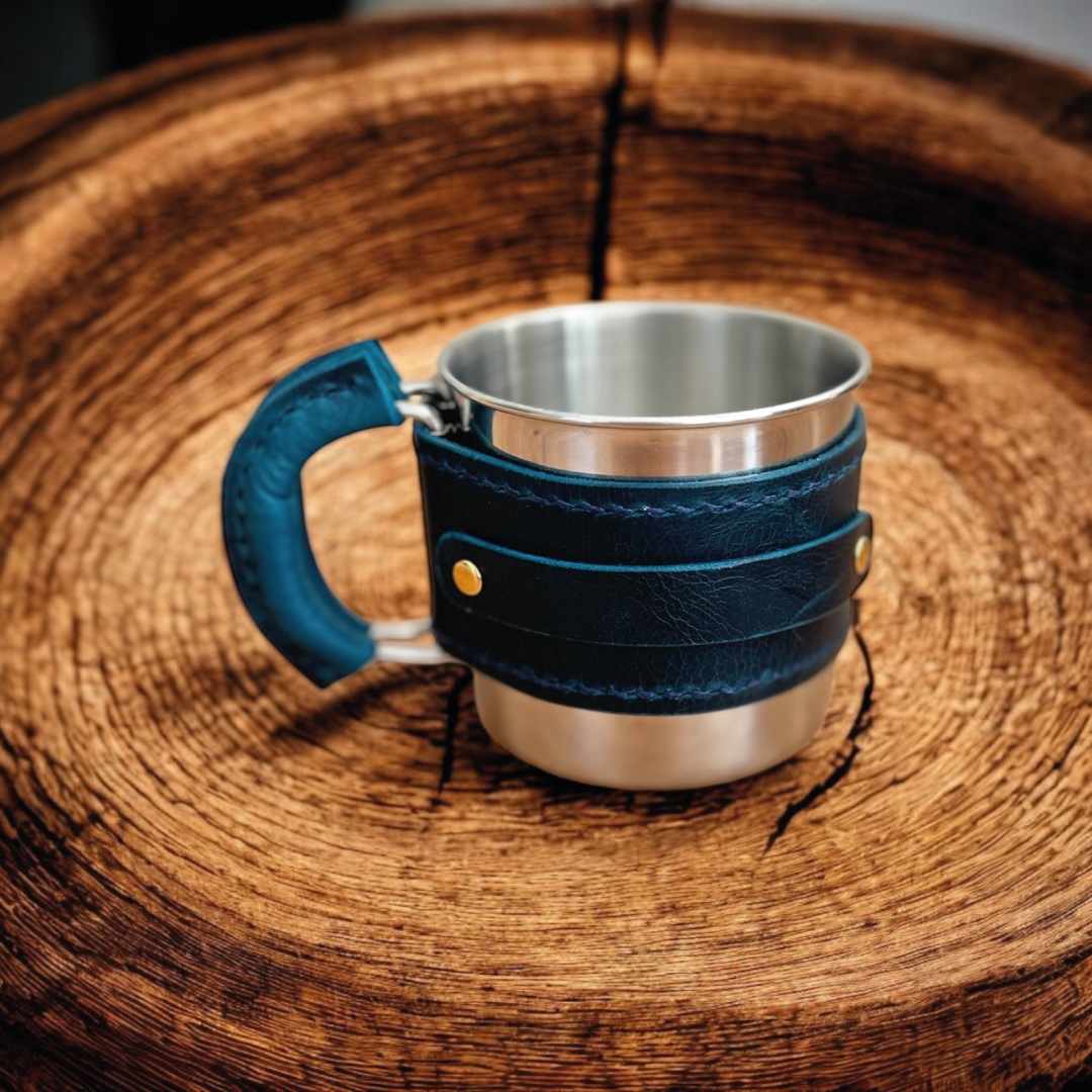 Campora | Hakiki Deri Kaplı Kamp Mug - Mavi