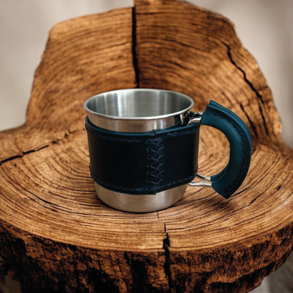 Campora | Hakiki Deri Kaplı Kamp Mug - Mavi
