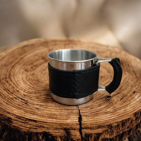 Campora | Hakiki Deri Kaplı Kamp Mug - Siyah