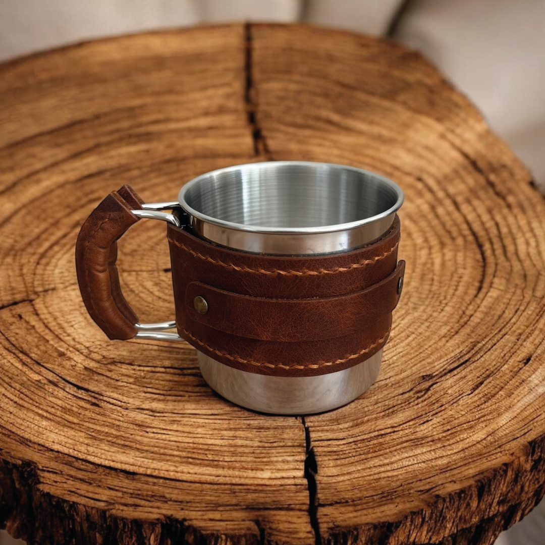 Campora | Hakiki Deri Kaplı Kamp Mug - Taba