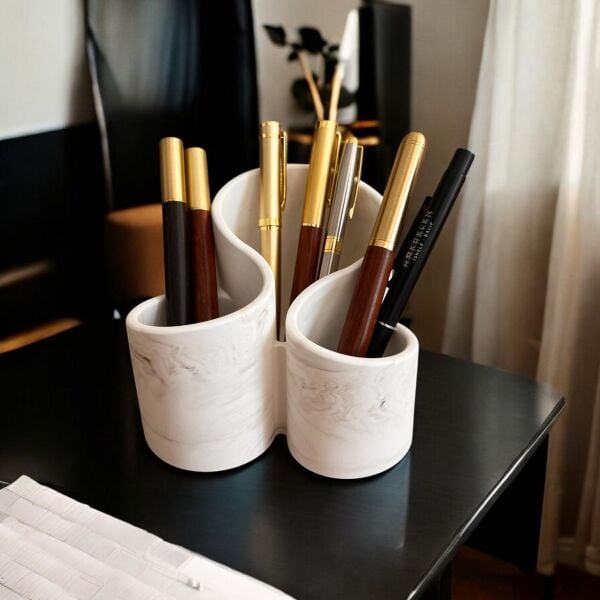 Denfix 3 Bölmeli Kalemlik | Gri Mermer Desenli