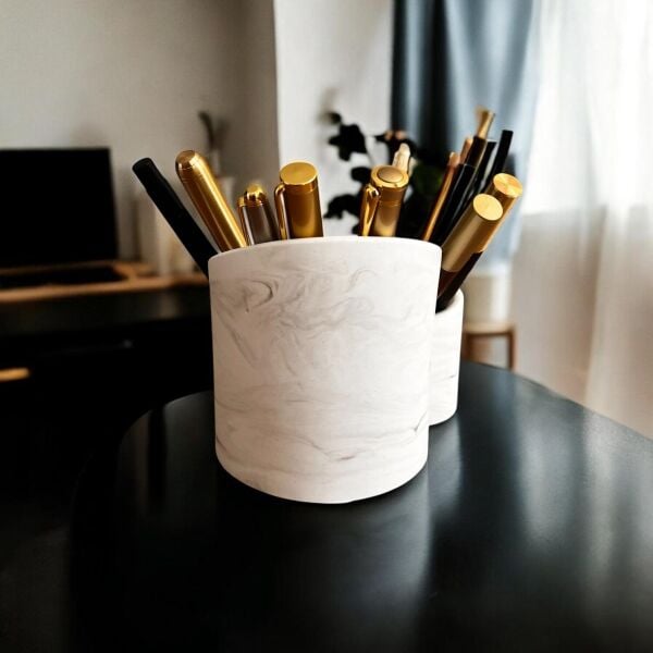 Denfix 3 Bölmeli Kalemlik | Gri Mermer Desenli