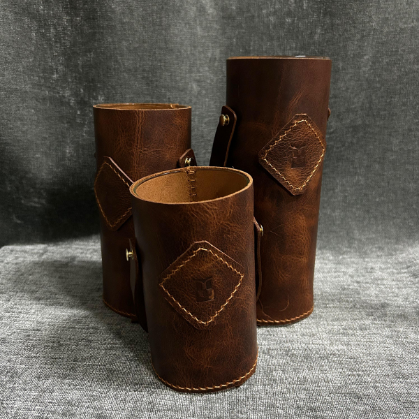 Dekoratif 3'lü Deri Kaplı Vazo - Taba