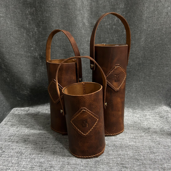 Dekoratif 3'lü Deri Kaplı Vazo - Taba