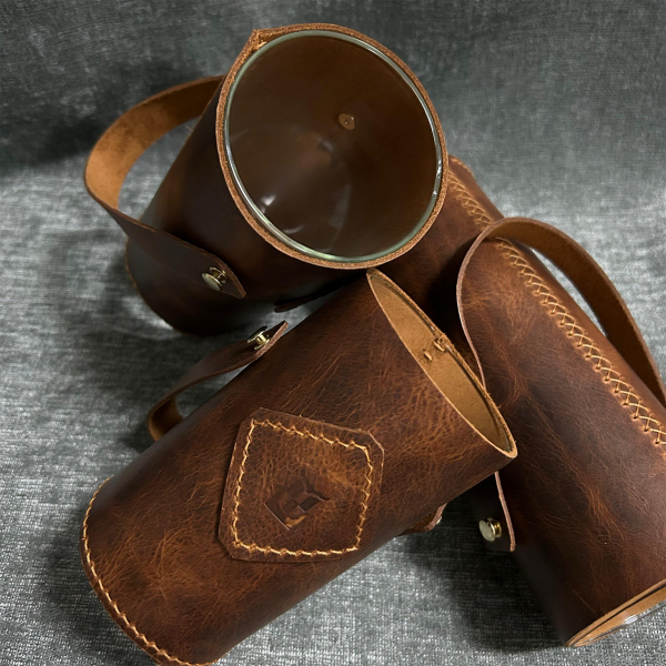 Dekoratif 3'lü Deri Kaplı Vazo - Taba