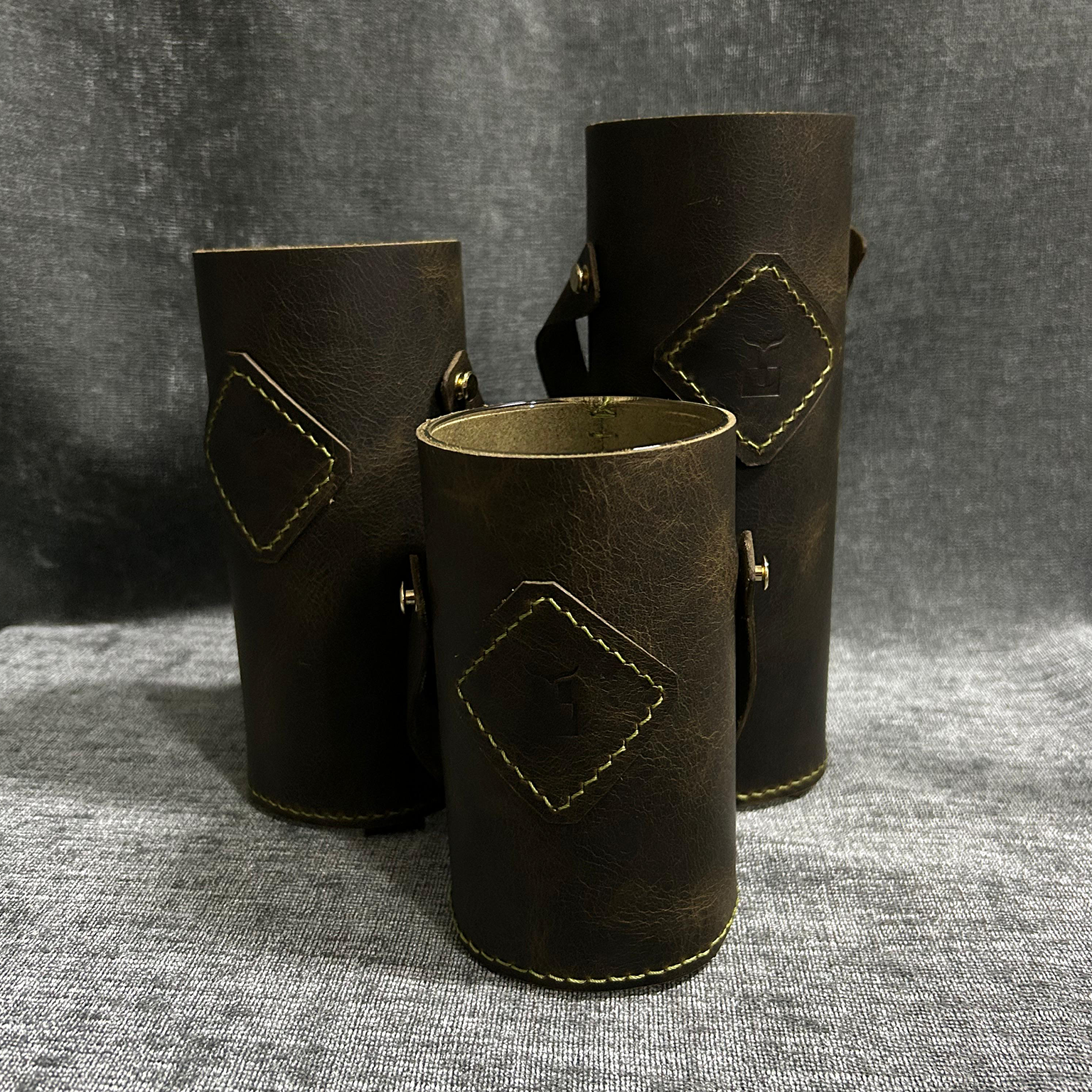 Dekoratif 3'lü Deri Kaplı Vazo - Oliv