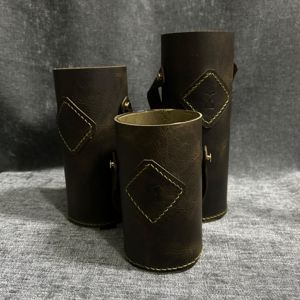 Dekoratif 3'lü Deri Kaplı Vazo - Oliv