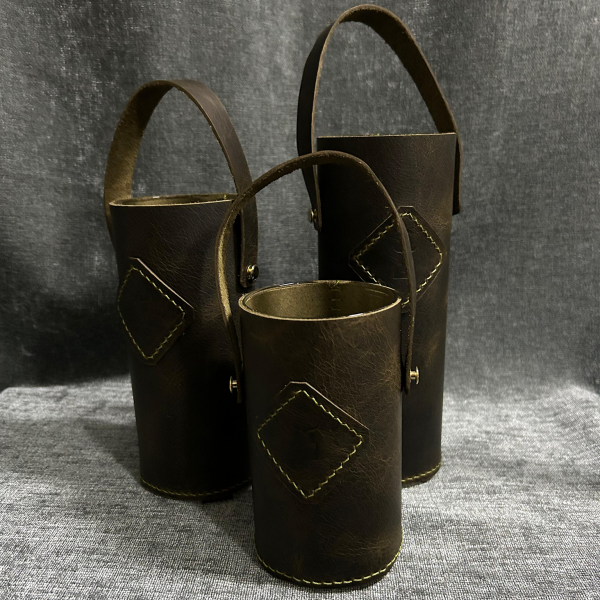 Dekoratif 3'lü Deri Kaplı Vazo - Oliv