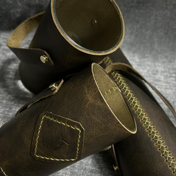 Dekoratif 3'lü Deri Kaplı Vazo - Oliv