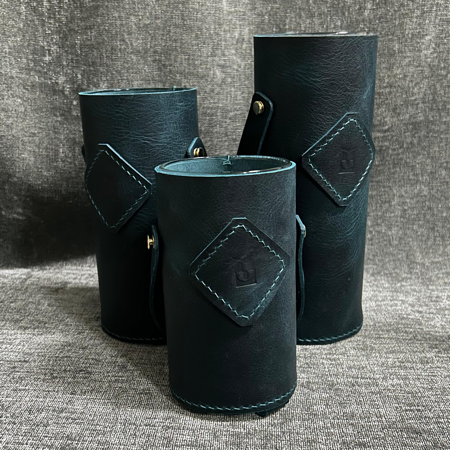 Dekoratif 3'lü Deri Kaplı Vazo - Mavi