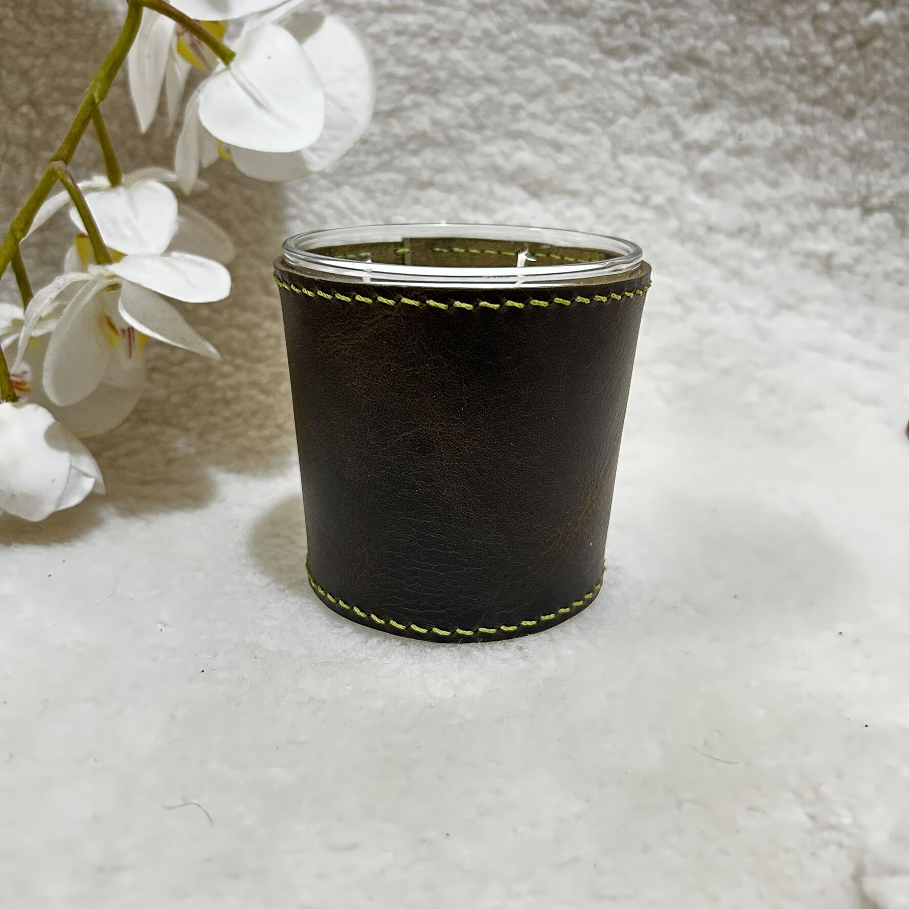 Oliv Deri Kaplı Cam Mum