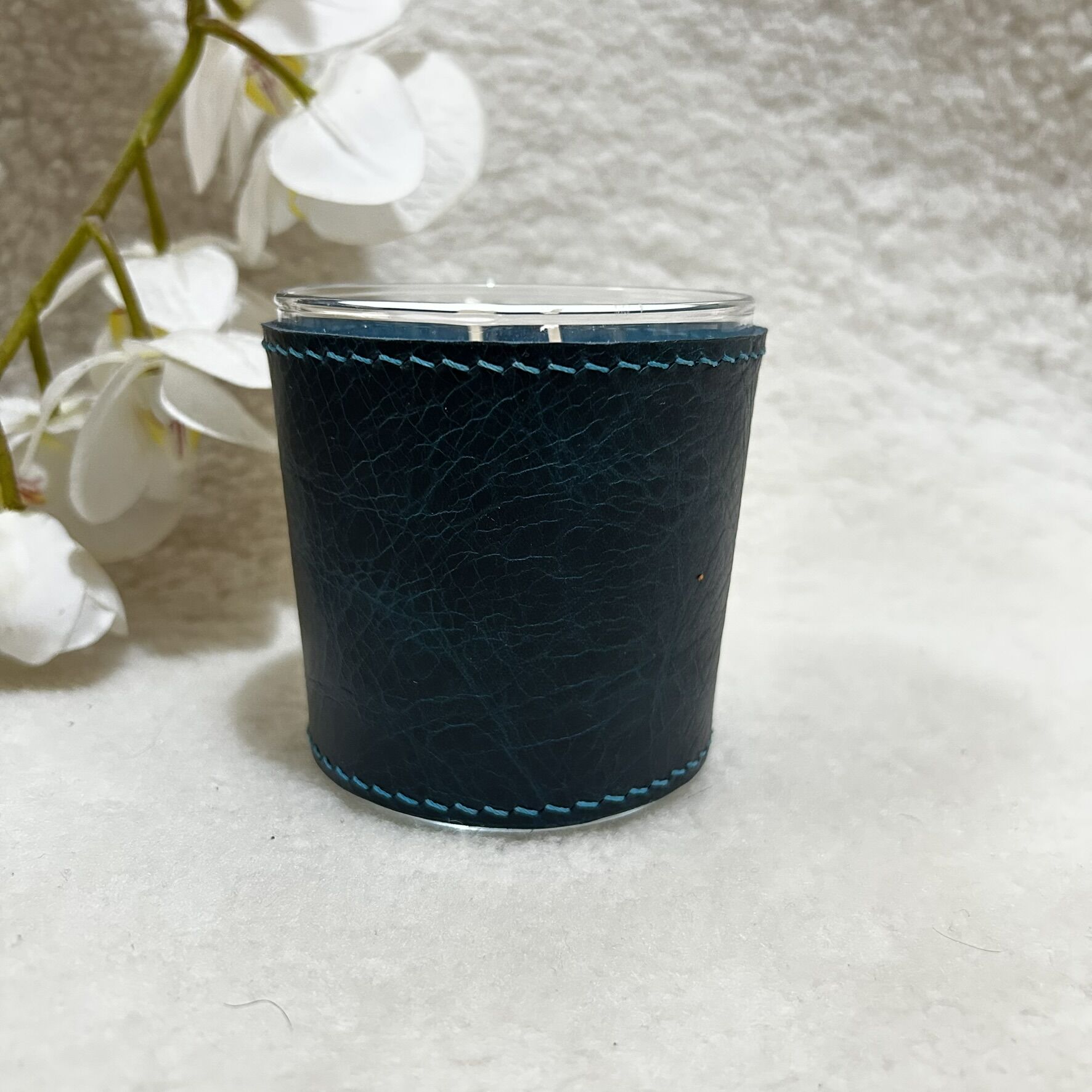 Turkuaz Deri Kaplı Cam Mum
