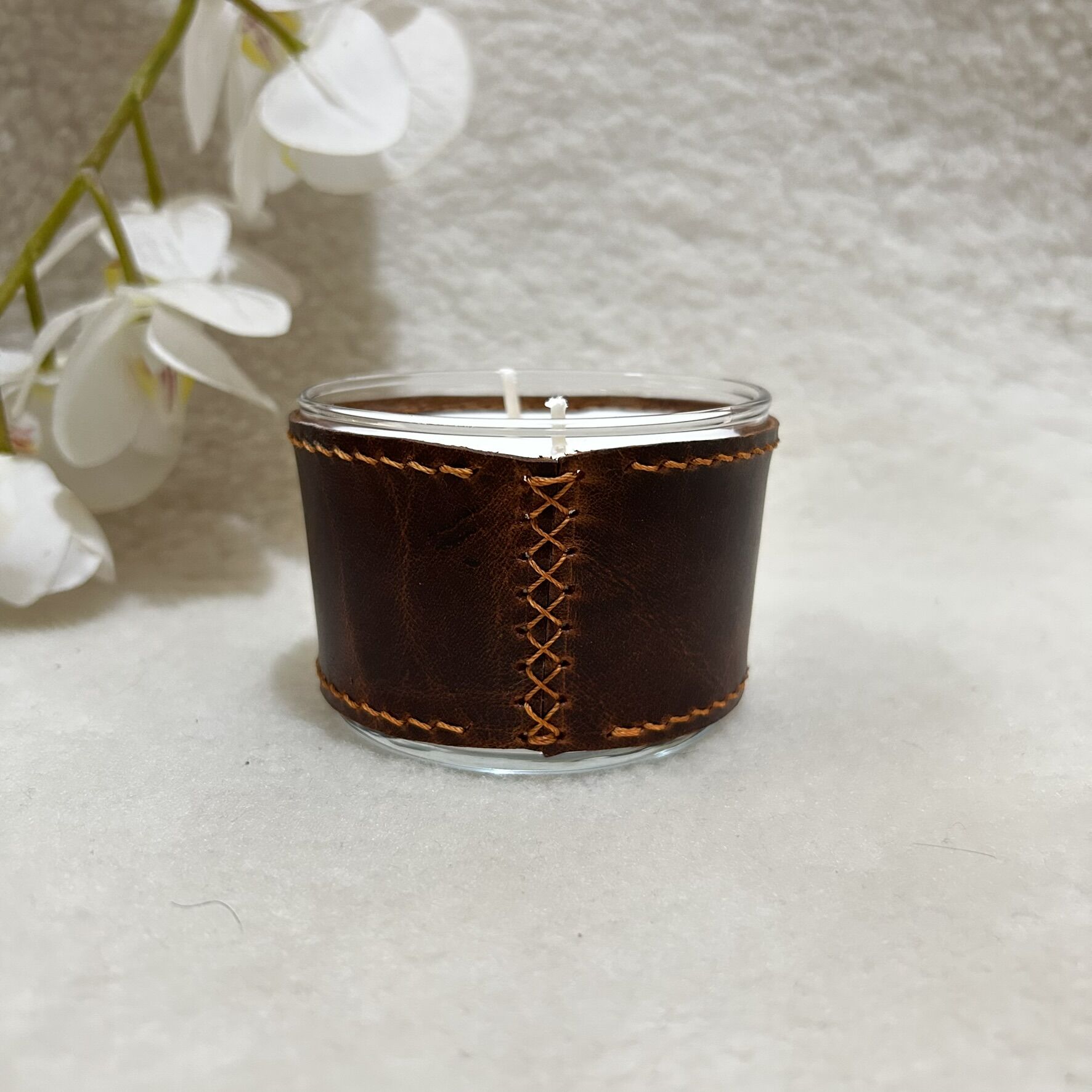 Taba Deri Kaplı Küçük Cam Mum
