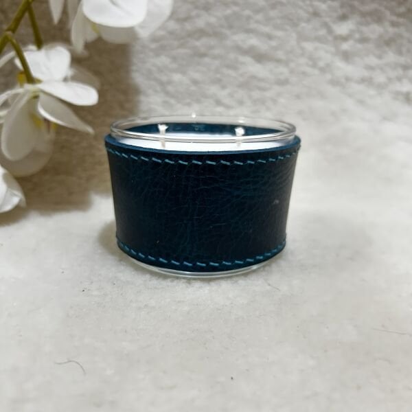 Turkuaz Deri Kaplı Küçük Cam Mum