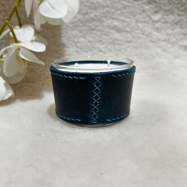 Turkuaz Deri Kaplı Küçük Cam Mum