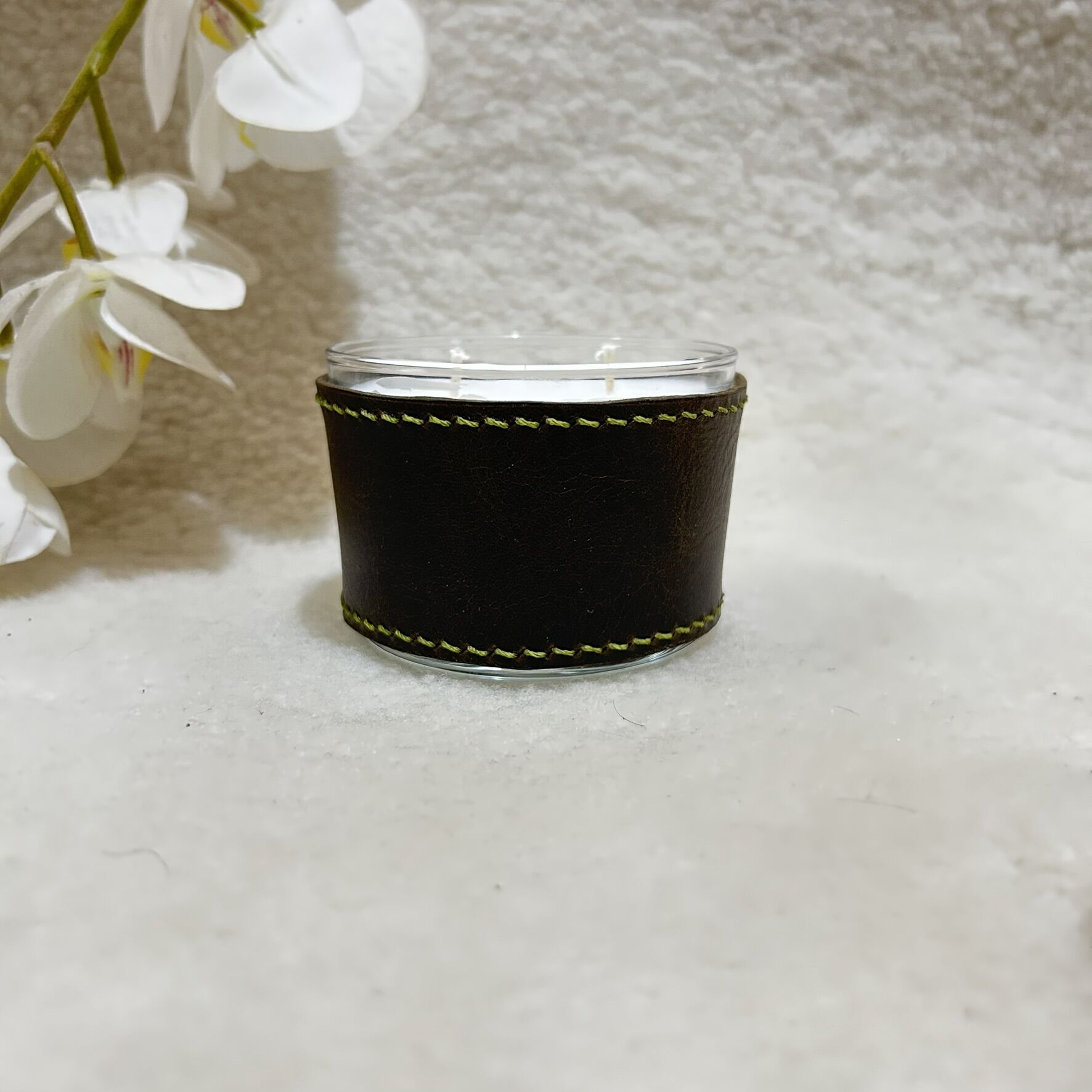 Oliv Deri Kaplı Küçük Cam Mum