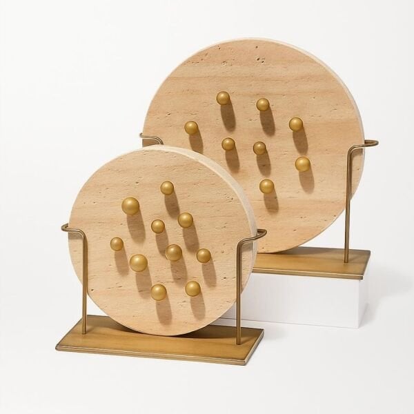 Traverten Top Dekorlu Disk 2 li set Ahşap Kaideli