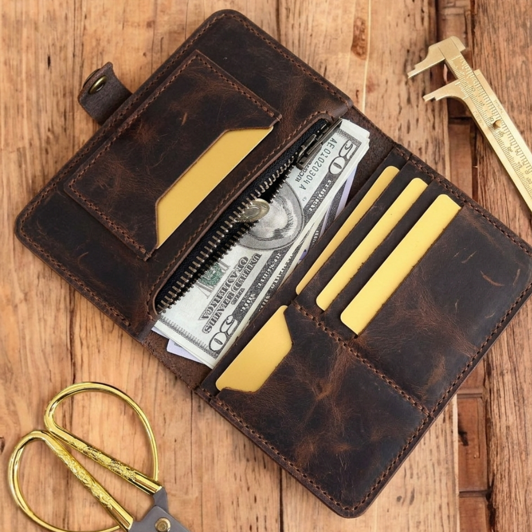 ZipSnap | Deri Çıtçıtlı Organizer Cüzdan - Taba