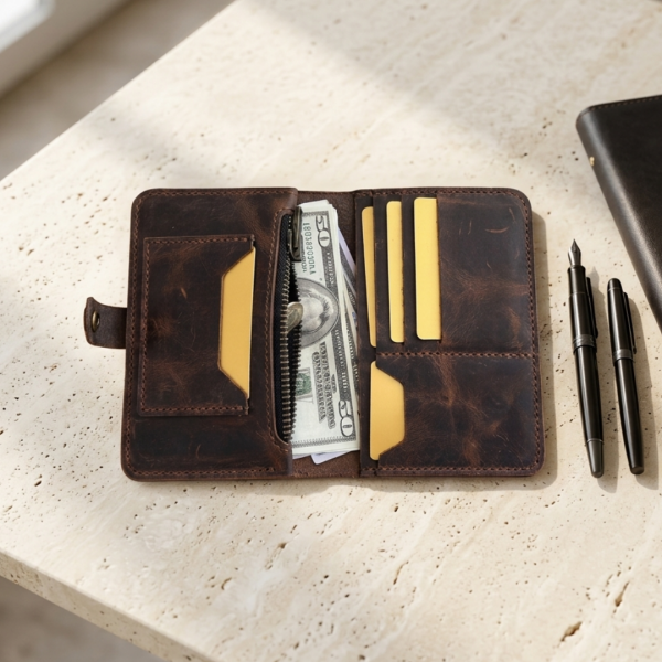 ZipSnap | Deri Çıtçıtlı Organizer Cüzdan - Taba