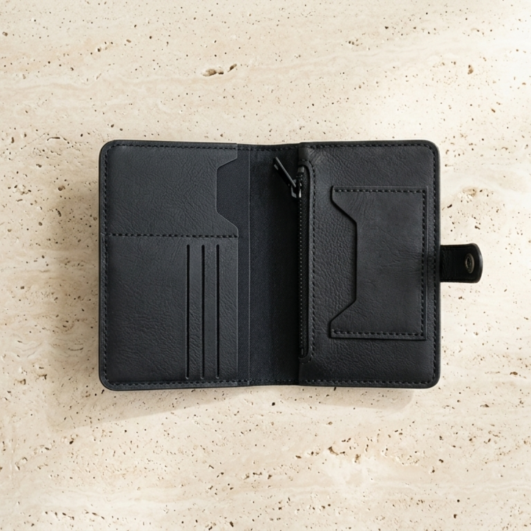 ZipSnap | Deri Çıtçıtlı Organizer Cüzdan - Siyah