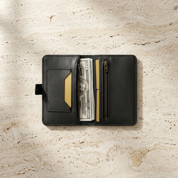 ZipSnap | Deri Çıtçıtlı Organizer Cüzdan - Siyah