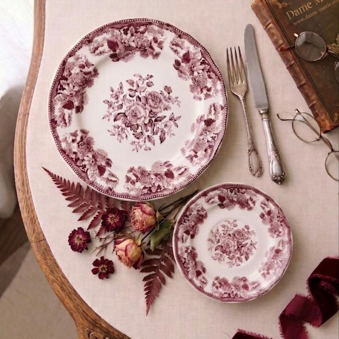 Florer Desen 24 Parça Çay Seti | Bordo Çiçekli Vintage Porselen Çay Takımı