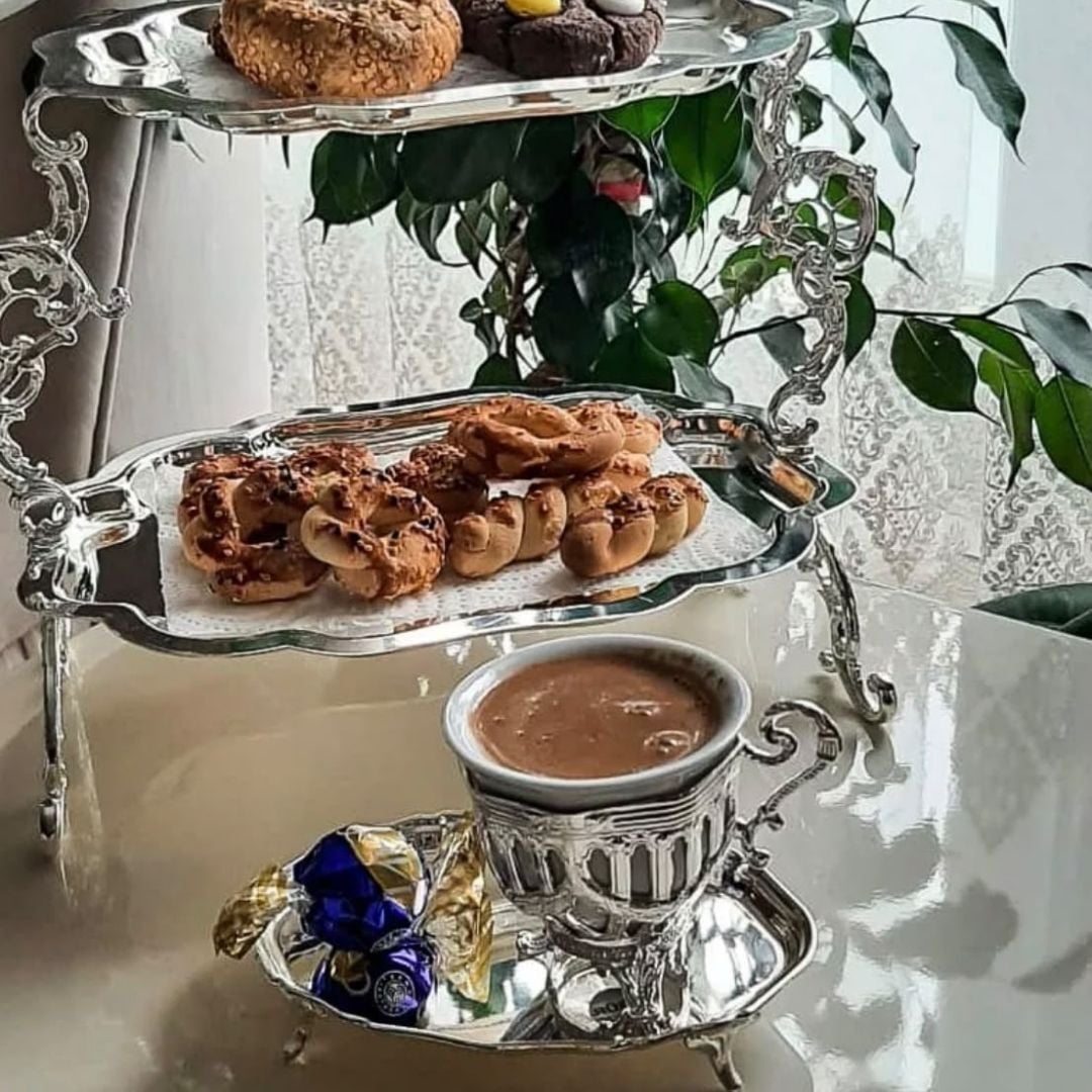 Dantel Desen Mikron  Gümüş Kaplama Tepsi ve Fincan Seti