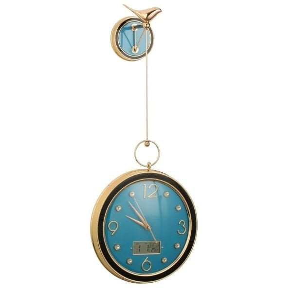 Vitale Gold Kuşlu Mavi Duvar Saati 30*70*12 Cm