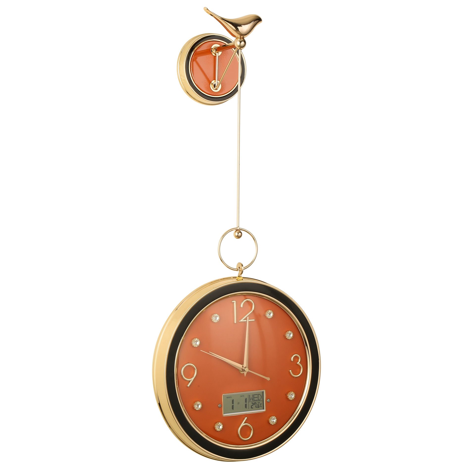 Vitale Gold Kuşlu Turuncu Duvar Saati 30*70*12 Cm