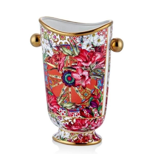 Lilyum Desenli Kulplu Elips Vazo