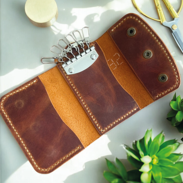 Keyla | Deri Kartlıklı Anahtarlık Cüzdan - Camel