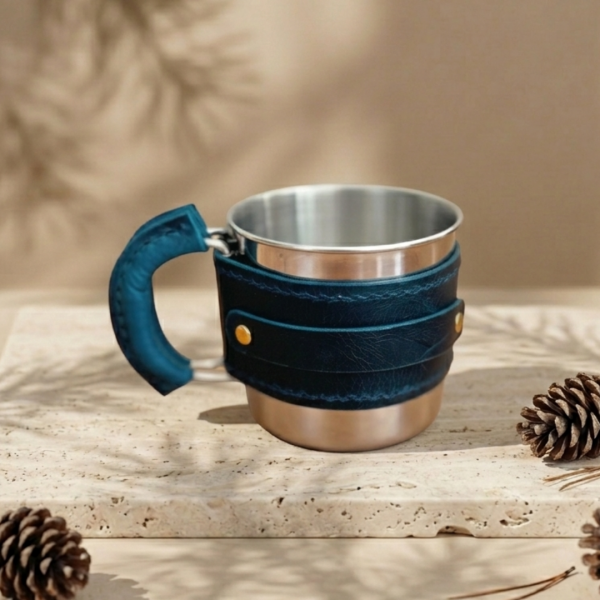 Campora | Hakiki Deri Kaplı Kamp Mug - Turkuaz