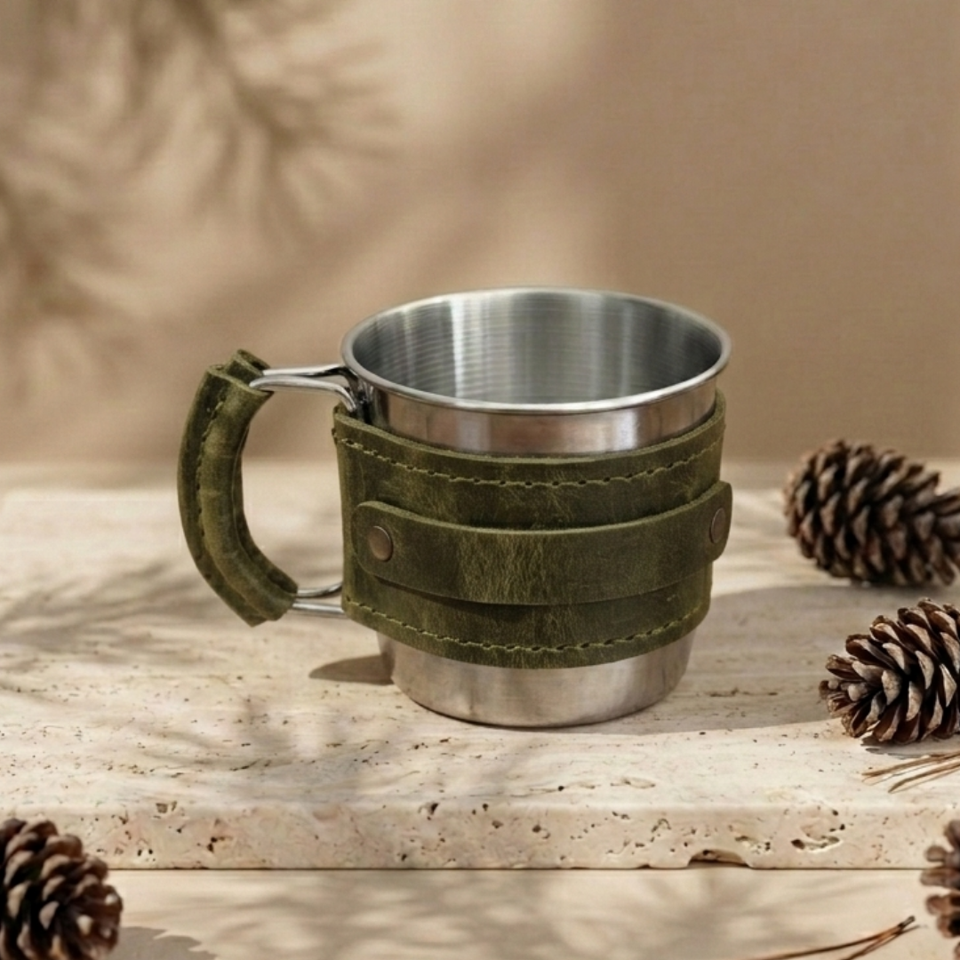 Campora | Hakiki Deri Kaplı Kamp Mug - Oliv