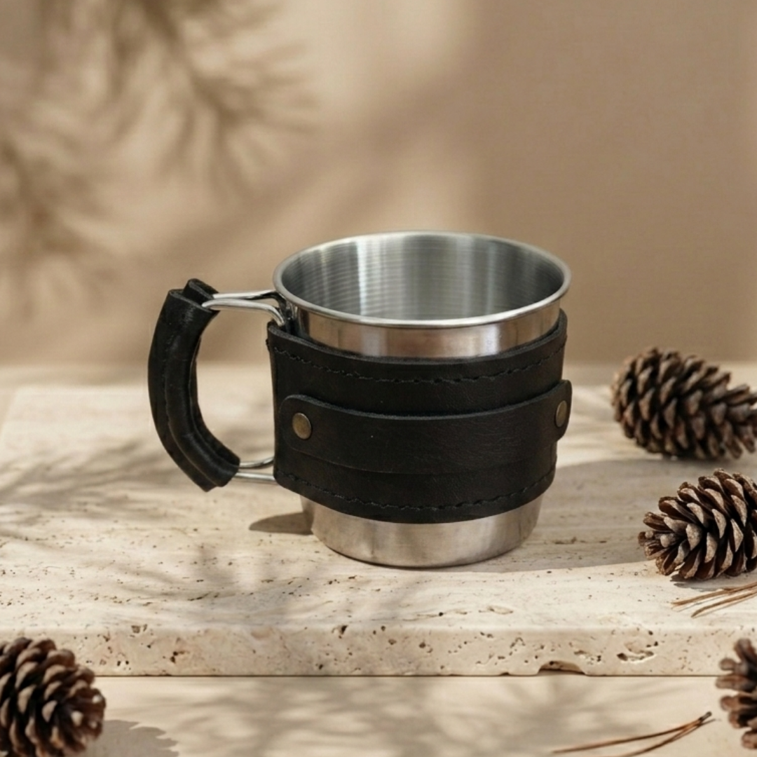 Campora | Hakiki Deri Kaplı Kamp Mug - Siyah