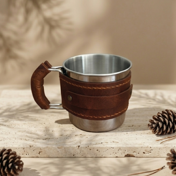 Campora | Hakiki Deri Kaplı Kamp Mug - Taba