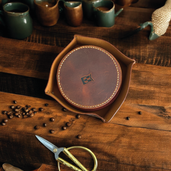 Tersa | Deri Bardak Altlığı Seti Büyük - Camel 7'li