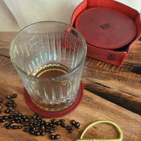 Tersa | Deri Bardak Altlığı Seti Büyük - Kırmızı 7li