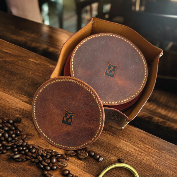 Tersa | Deri Bardak Altlığı Seti - Camel 7'li