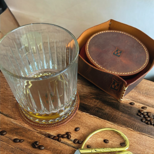 Tersa | Deri Bardak Altlığı Seti - Camel 7'li