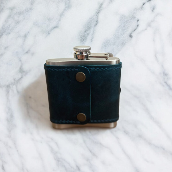 Drava | Deri Kaplamalı Cep Matarası - Mavi