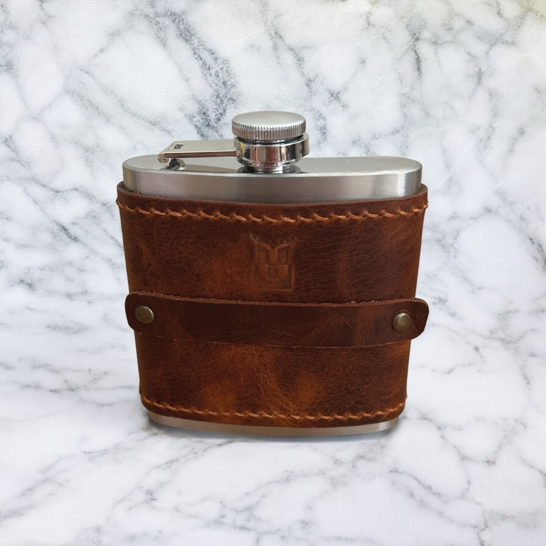 Drava | Deri Kaplamalı Cep Matarası - Taba