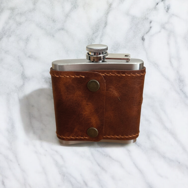 Drava | Deri Kaplamalı Cep Matarası - Taba